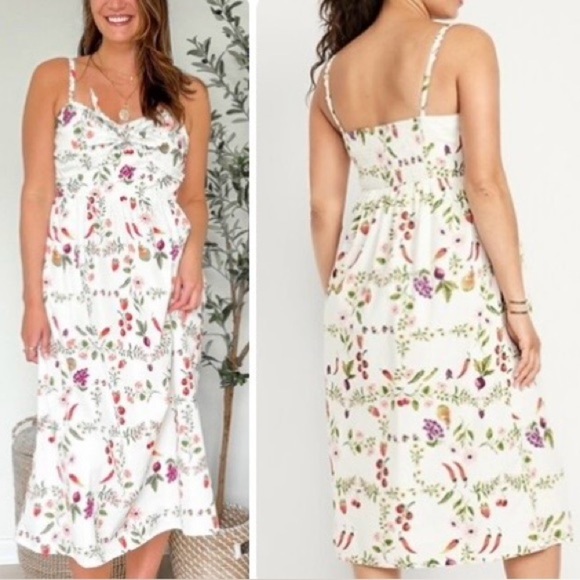 Old Navy Dresses & Skirts - Old Navy White Green Fruits Floral Tie Front Smocked Sleeveless Midi Dress Sz 2X